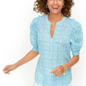 Talbots Light Blue With White Striped and Puffy Short Sleeves Blouse size X-L